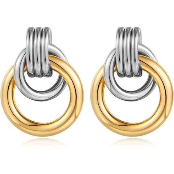 Two Tone Geometric Link Earrings | Lightweight Statement Dangle Studs - Picture 5 of 5